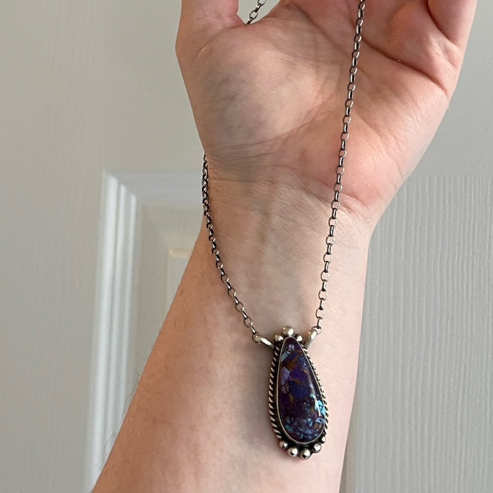 Vintage Signed Elouise Key Tested Sterling Silver PURPLE TURQUOISE Necklace - Picture 4 of 4